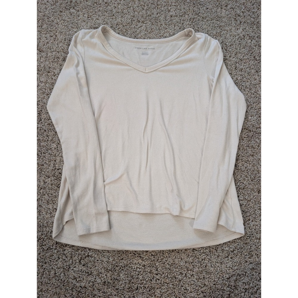 American Eagle Oatmeal V-Neck Long Sleeve High-Low Knit Top XS